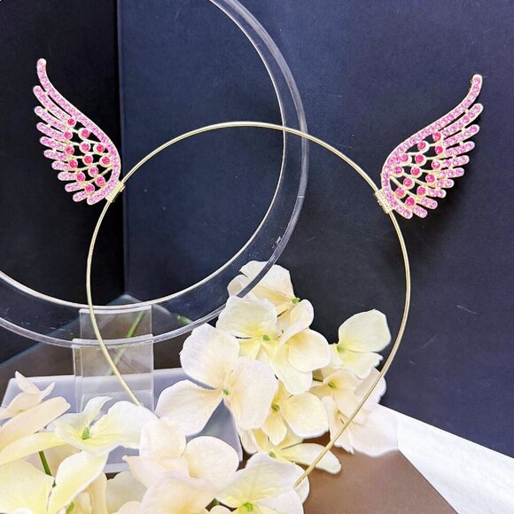 Angel wings headband, gold halo crown, Flower girl headpiece, Pink Fairy crown - Picture 1 of 10